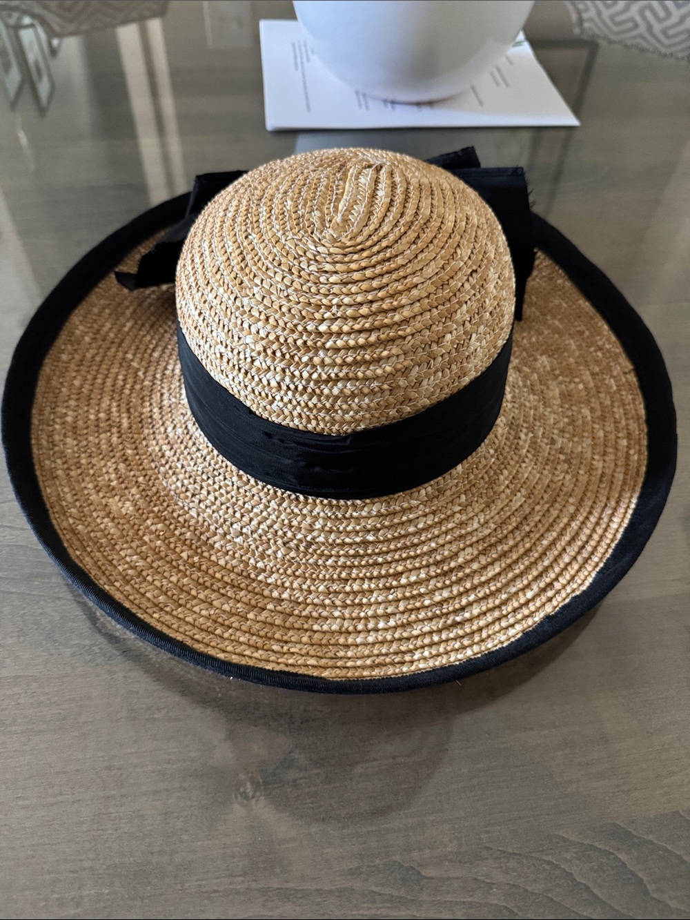 Women's Natural Straw Sun Hat with Black Ribbon Trim